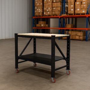 Steel Work Bench 1.2M x 0.6M x 1.03M Plywood Work Top On Castors Black