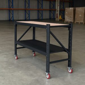 Steel Work Bench 1.5M x 0.6M x 1.03M Plywood Work Top On Castors Black