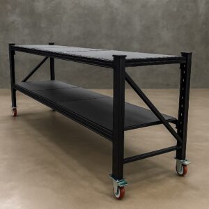 Steel Work Bench 2.4M x 0.6M x 1.03M On Castors Black