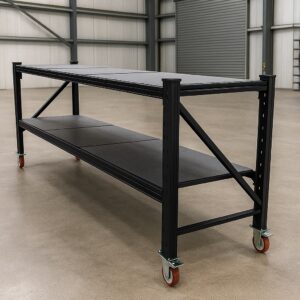 Steel Work Bench 2.4M x 0.6M x 1.03M On Castors Black