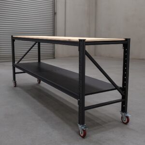 Steel Work Bench 2.4M x 0.6M x 1.03M Plywood Work Top On Castors Black