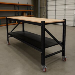 Steel Work Bench 2.4M x 0.6M x 1.03M Plywood Work Top On Castors Black