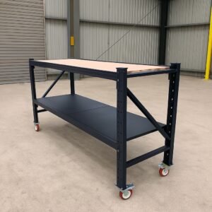 Steel Work Bench 2M x 0.6M x 1.03M Plywood Work Top On Castors Black