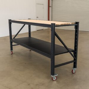 Steel Work Bench 2M x 0.6M x 1.03M Plywood Work Top On Castors Black