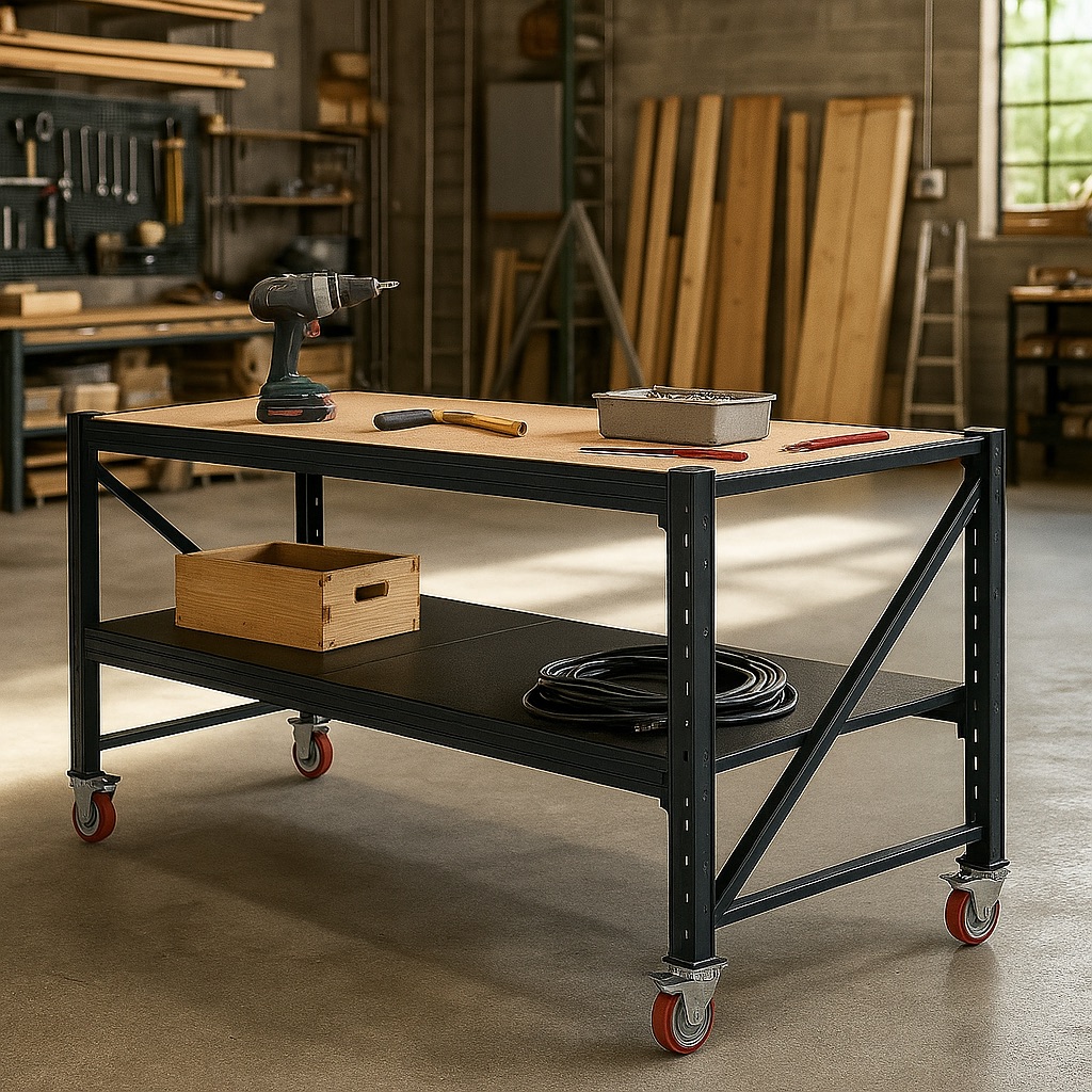 Heavy Duty Steel Work Bench on Castors 2m x 0.8m x 1m (Black) with Plywood Worktop - Image 3