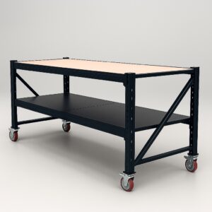 Heavy Duty Steel Work Bench on Castors 2m x 0.8m x 1m (Black) with Plywood Worktop