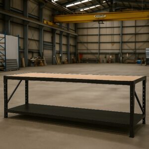 Steel Work Bench 2.4M x 0.6M x 0.9M Plywood Work Top Black
