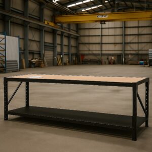 Steel Work Bench 2.4M x 0.6M x 0.9M Plywood Work Top Black