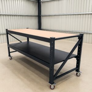 Heavy Duty Steel Work Bench on Castors 2m x 0.8m x 1m (Black) with Plywood Worktop
