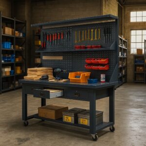 Industrial Mobile Work Bench 1.5M Length Steel Worktop
