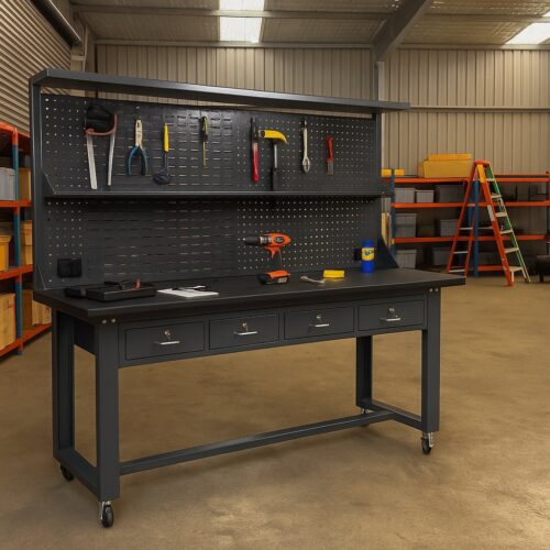 Work Bench Picture Industrial Mobile Work Bench 2.4M Length Steel Worktop – Hobbs Displays