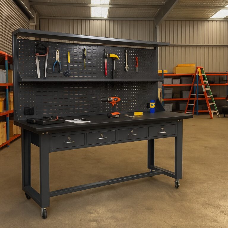 4m Workbench Industrial Mobile Work Bench 2.4M Length Steel Worktop – Hobbs Displays