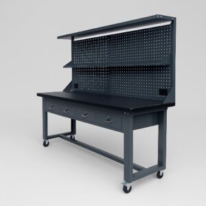 Industrial Mobile Work Bench 2.4M Length Steel Worktop