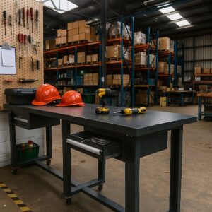 Industrial Mobile Work Bench 3M Length Steel Worktop