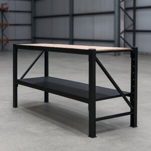 Steel Work Bench 2M x 0.6M x 0.9M Plywood Work Top Black