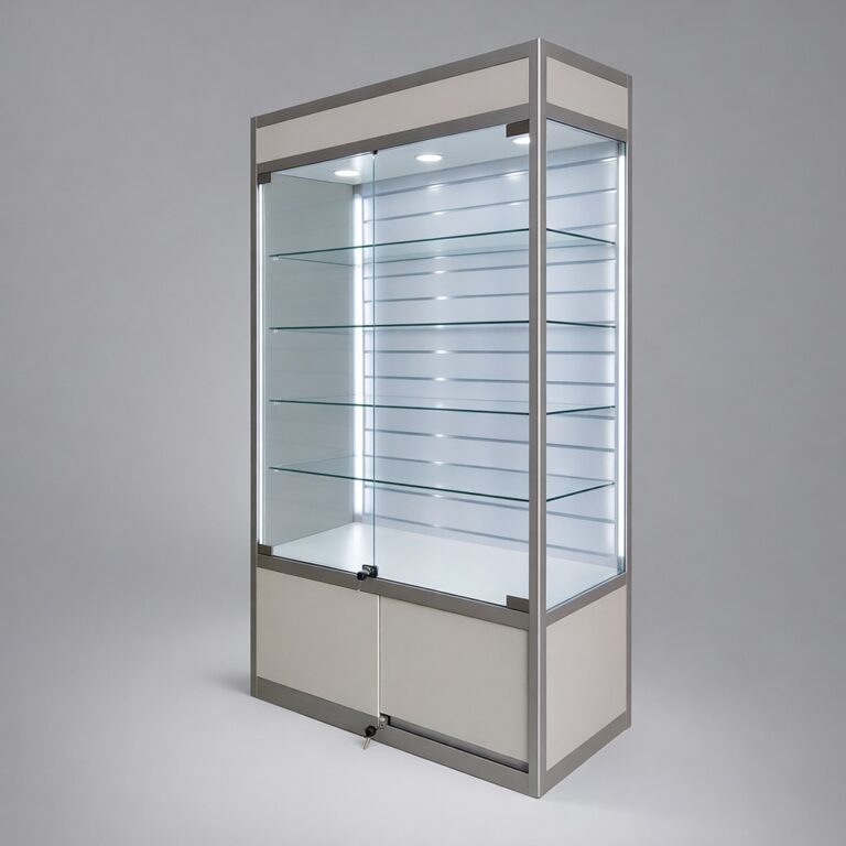LuxGuard™ Slatwall Storage Glass Display Cabinet - Hobbs Displays