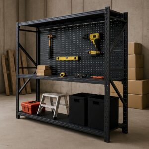 3-Level Steel Storage Shelving with Square-Hole Pegboard (2.4m Wide)