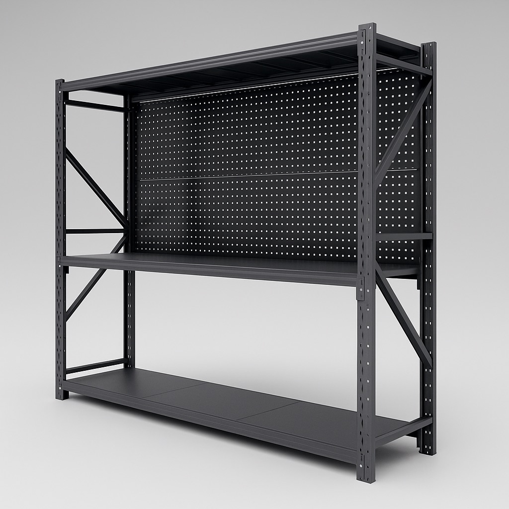 3-Level Steel Storage Shelving with Square-Hole Pegboard (2.4m Wide)