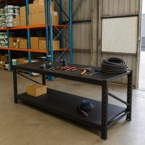 Heavy Duty Steel Work Bench 2.4m x 0.8m x 0.9m (Black) with Plywood Worktop