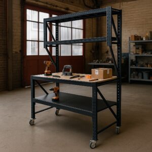4-Level Work Bench with Plywood Work Top 0.8M Deep 2.1M High with Castors