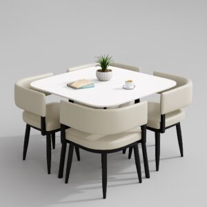 Aurora Stone Table & Luxora Leather Chair Set Seaating for 4