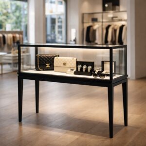 LuxView Showcase Counter in a clothing store, the pull-out tray holding a handbag and watches