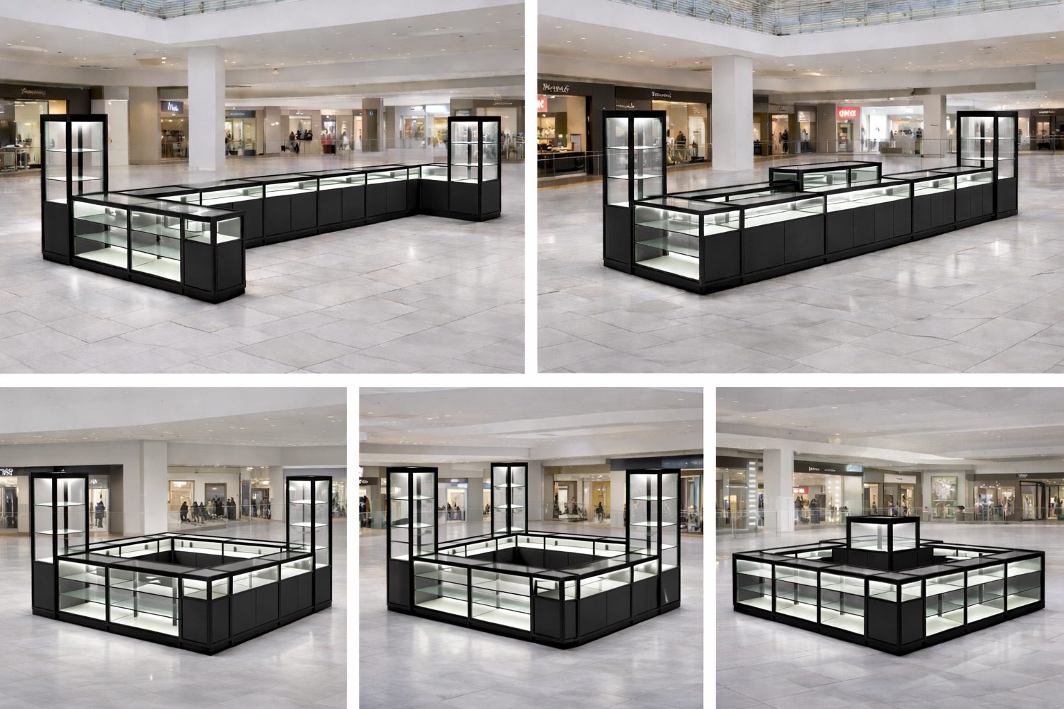 Modular glass kiosk system — centre-mall island configuration