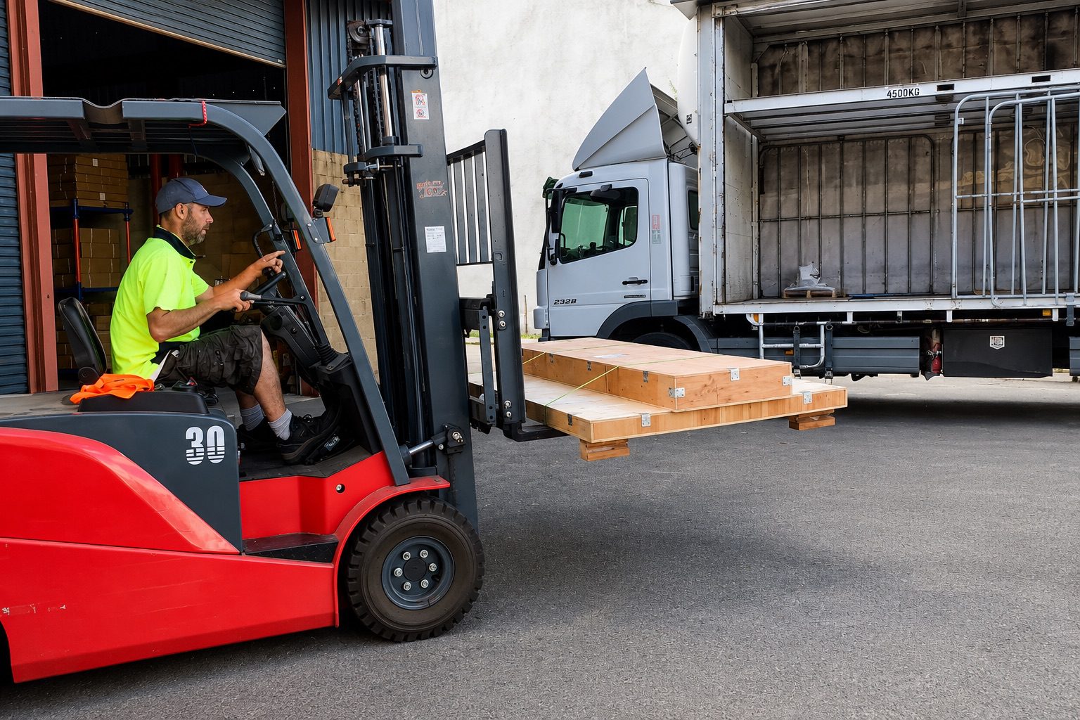 Forklift loading a crated display cabinet