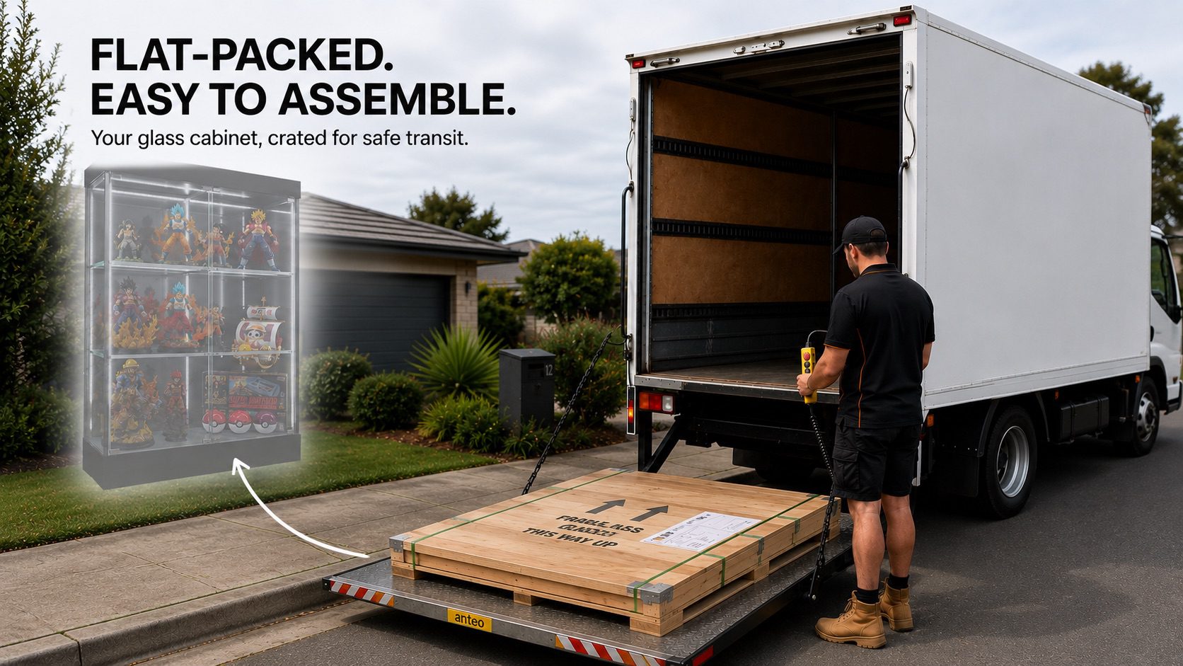 Flat-packed display cabinet on a tailgate delivery