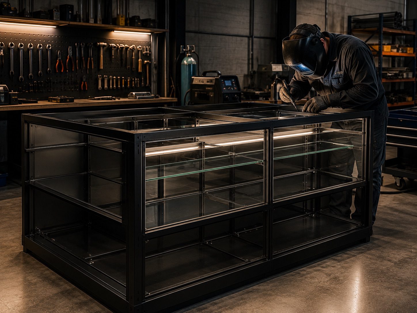 Fabricator welding a bespoke black steel and glass retail display cabinet in a Perth workshop