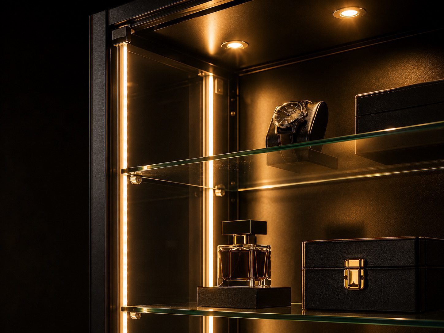 Warm LED strip and downlight upgrades inside a black-framed glass display cabinet