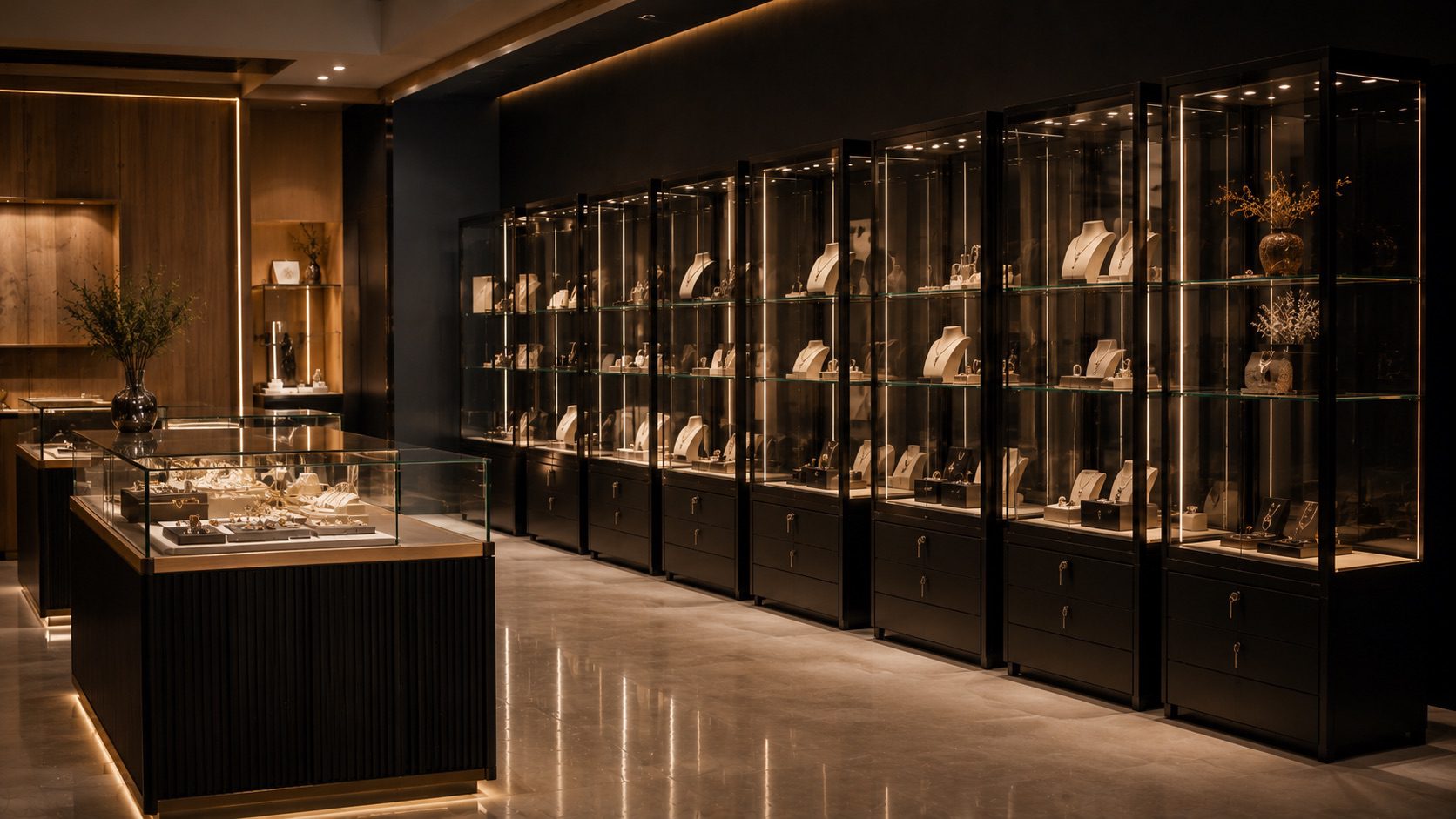 Row of black-framed LED-lit glass display cabinets and a lockable glass counter in a premium jewellery retail fit-out by Hobbs Displays