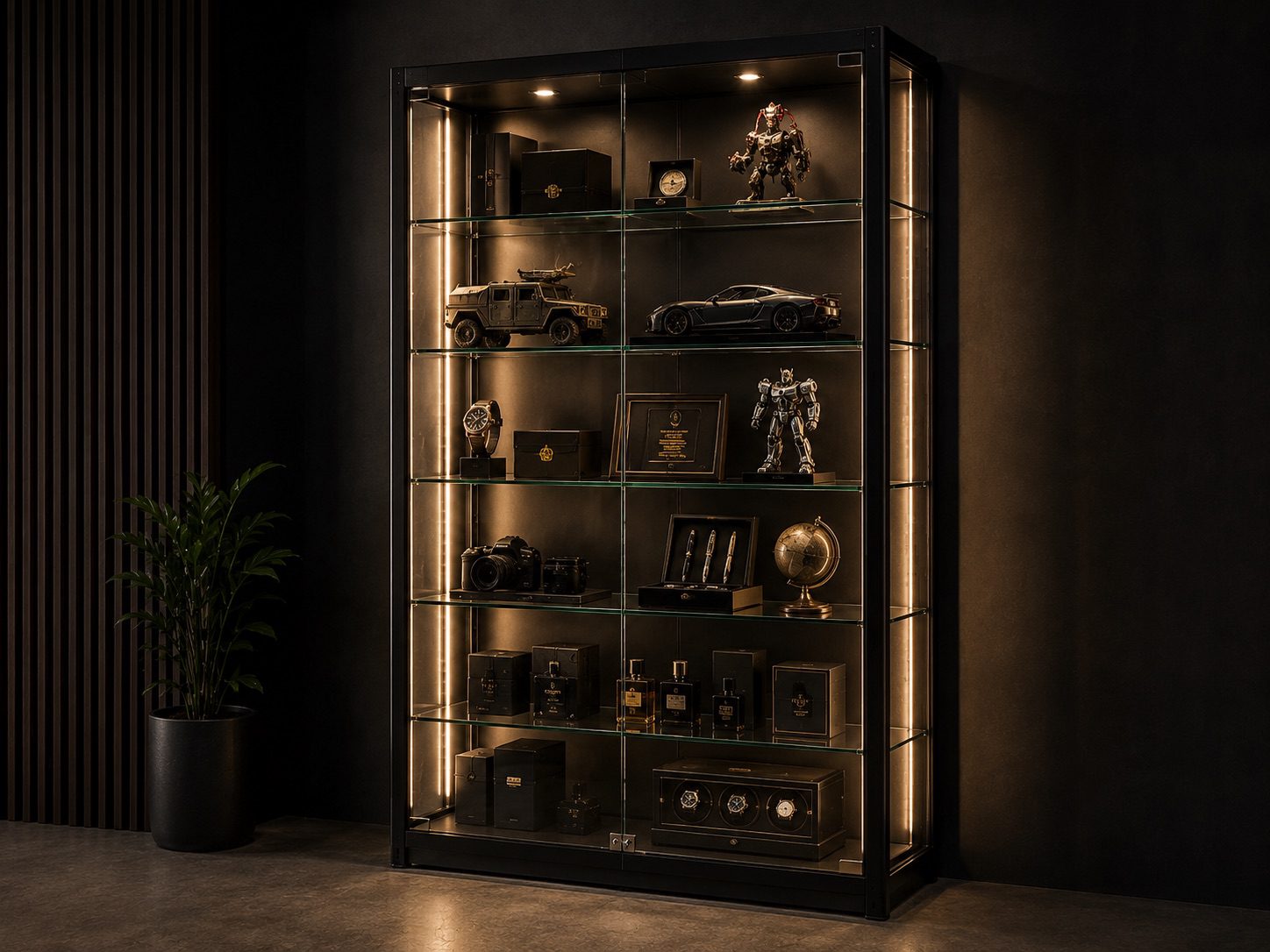 Tall black-framed glass display cabinet with warm LED-lit glass shelves showing premium retail pieces