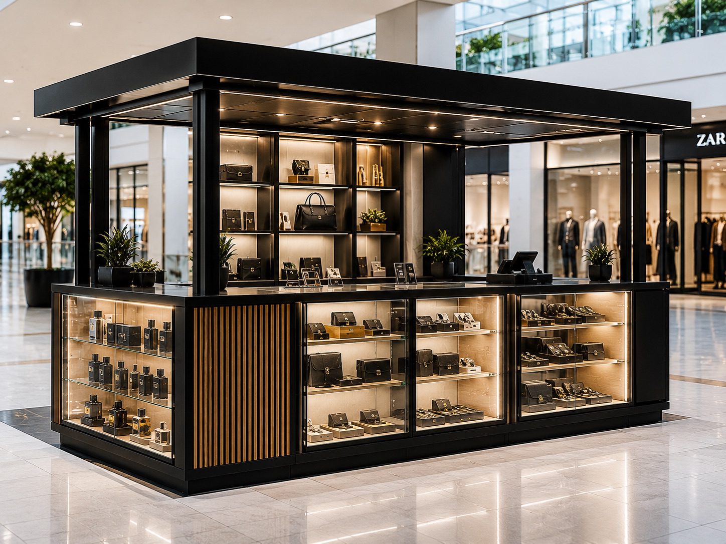 Freestanding black steel and glass retail kiosk with illuminated display cases in a shopping mall