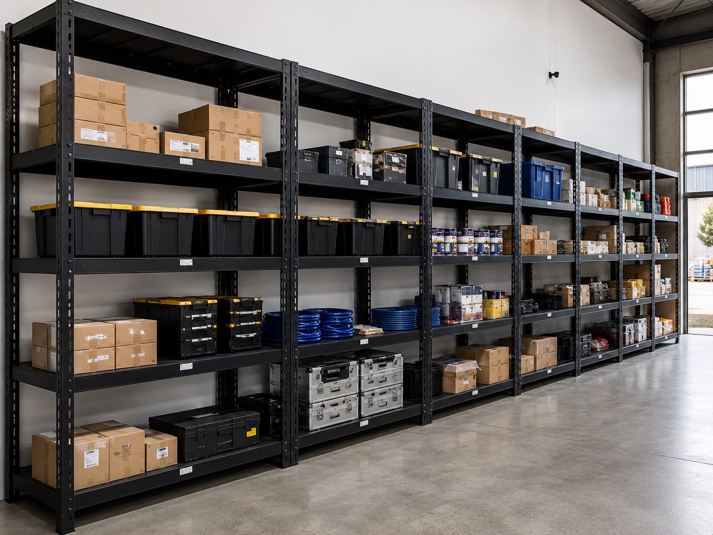 Black steel commercial shelving bays stocked with boxes and storage tubs in a Perth warehouse