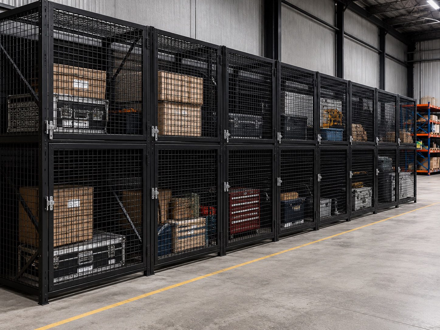 Row of black steel mesh storage cages with lockable doors in a Perth warehouse