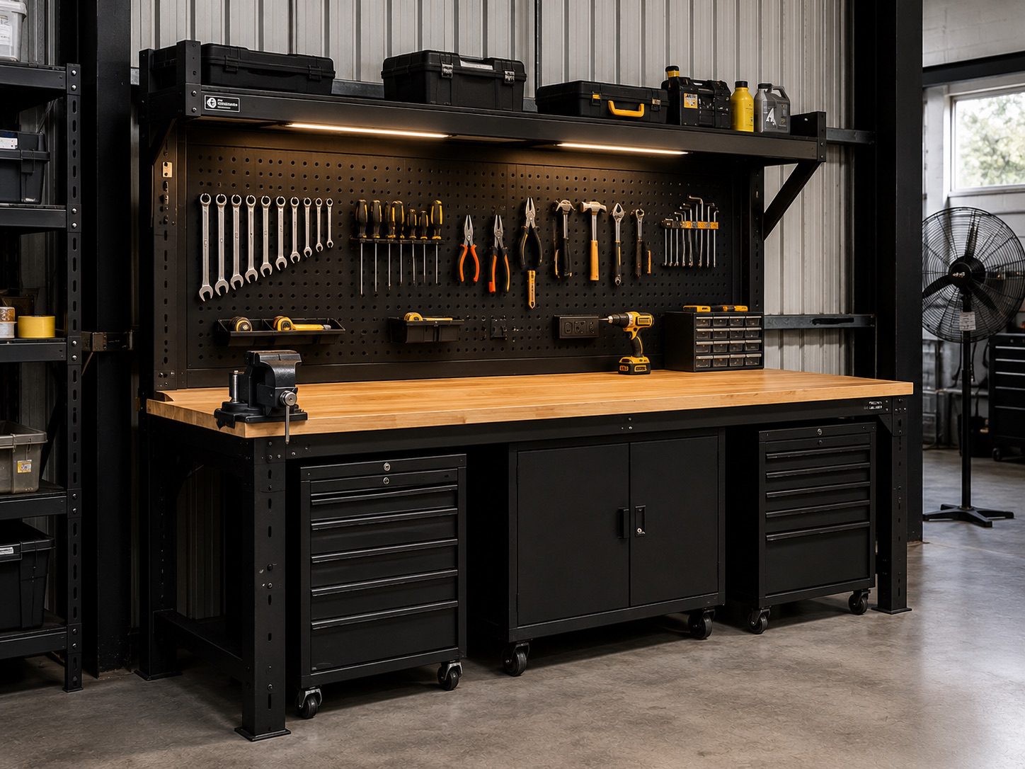 Black steel commercial workbench with timber top, tool pegboard and lockable drawers in a Perth workshop