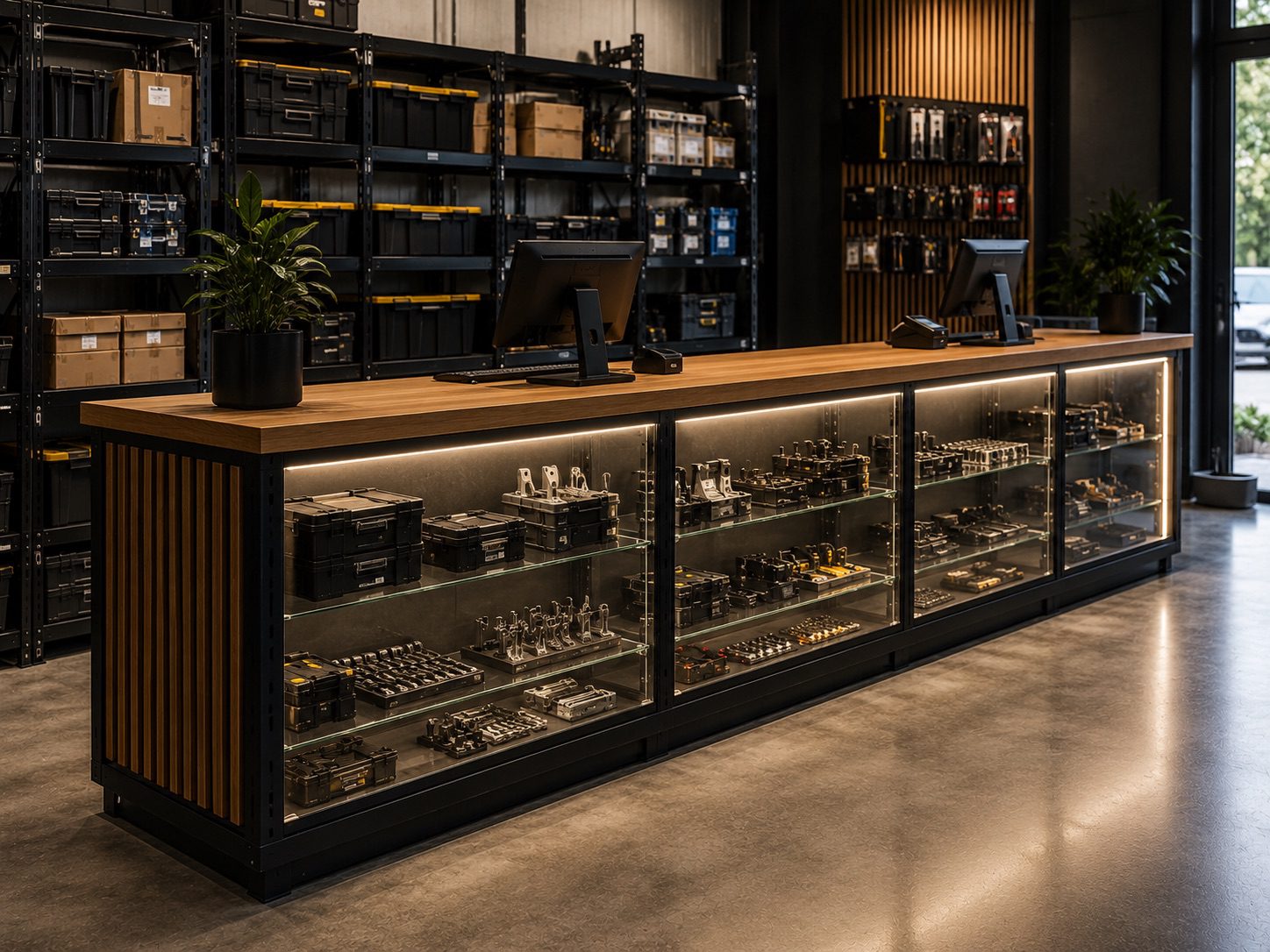 Black steel and timber trade counter with illuminated glass display base and POS terminals