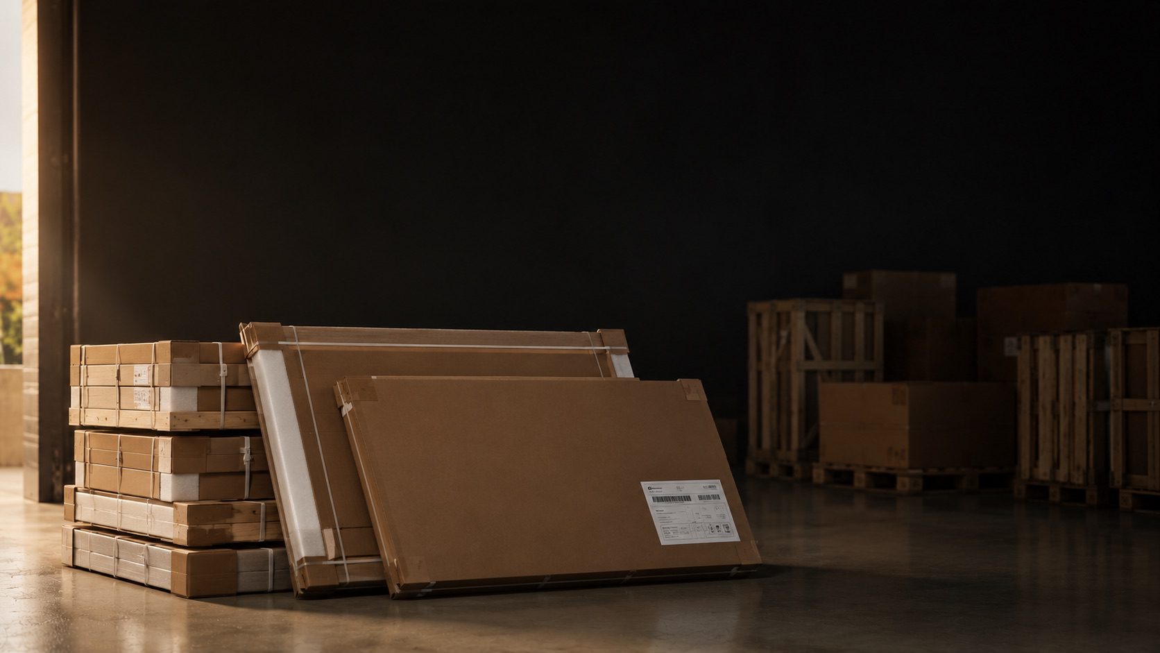 Flat-packed glass display cabinet cartons and crated panels ready for return in a Hobbs Displays warehouse