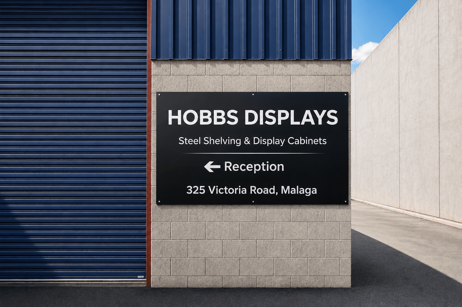 Hobbs Displays entrance sign — Steel Shelving & Display Cabinets, 325 Victoria Road, Malaga WA