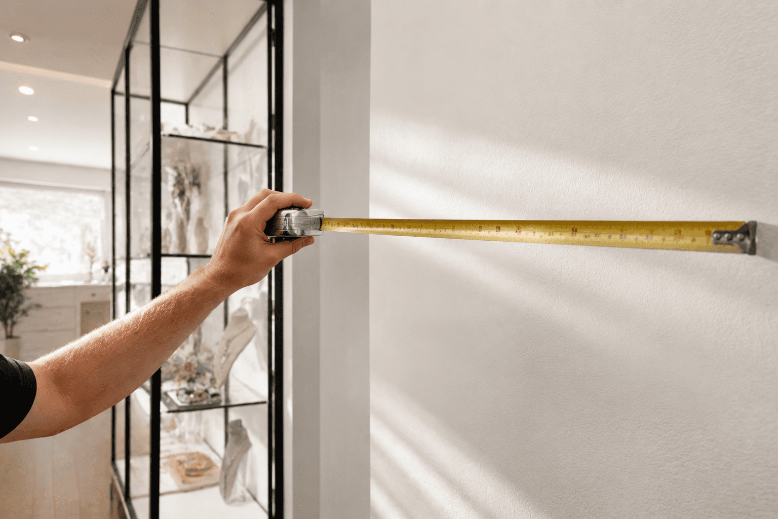 Steel tape measure stretched along a wall beside a black-framed glass display cabinet in a bright interior
