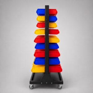 Black mobile double-sided louvre panel trolley on lockable castors, fitted with 108 red, blue and yellow parts bins across both sides, by Hobbs Displays