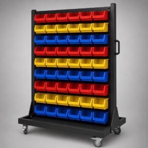 Black double-sided mobile louvre panel trolley kit with 108 colour-coded parts bins on braked castors.