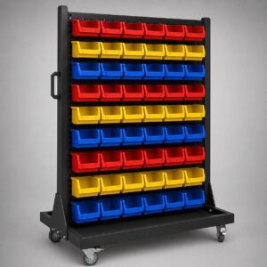 Mobile double-sided louvre panel bin trolley in black with 54 red, yellow and blue parts bins on castors — Hobbs Displays