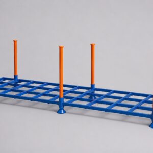 Empty 3.6M reinforced 6-post steel stillage cage, blue base with orange posts, 1000kg rated — Hobbs Displays
