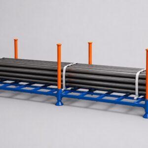3.6M reinforced 6-post steel stillage cage loaded with banded steel pipe, blue base and orange posts, 1000kg rated — Hobbs Displays