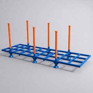 Empty 3M reinforced 6-post steel stillage cage, blue base with orange posts, 1000kg rated — Hobbs Displays
