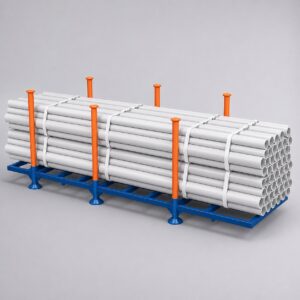 3M reinforced 6-post steel stillage cage loaded with banded white pipe, blue base and orange posts, 1000kg rated — Hobbs Displays