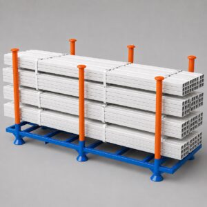 Reinforced 6-post steel stillage cage loaded with banded white square tube — Hobbs Displays