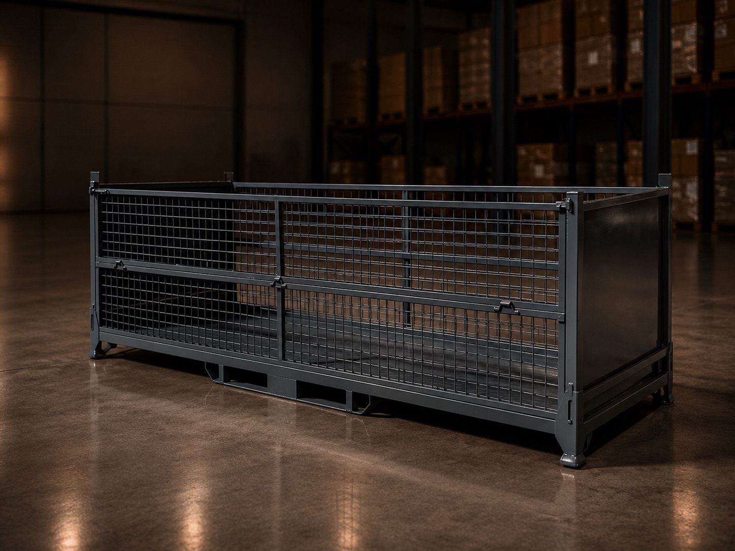 Heavy-duty powder-coated steel stillage cage with mesh sides and forklift base in a Perth warehouse &mdash; Hobbs Displays